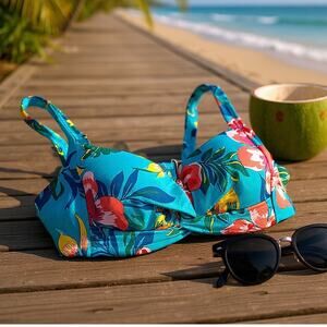 LANDS END Swim Adjustable Floral Twist Bikini Bra Top Blue Underwire Womens 4 XS